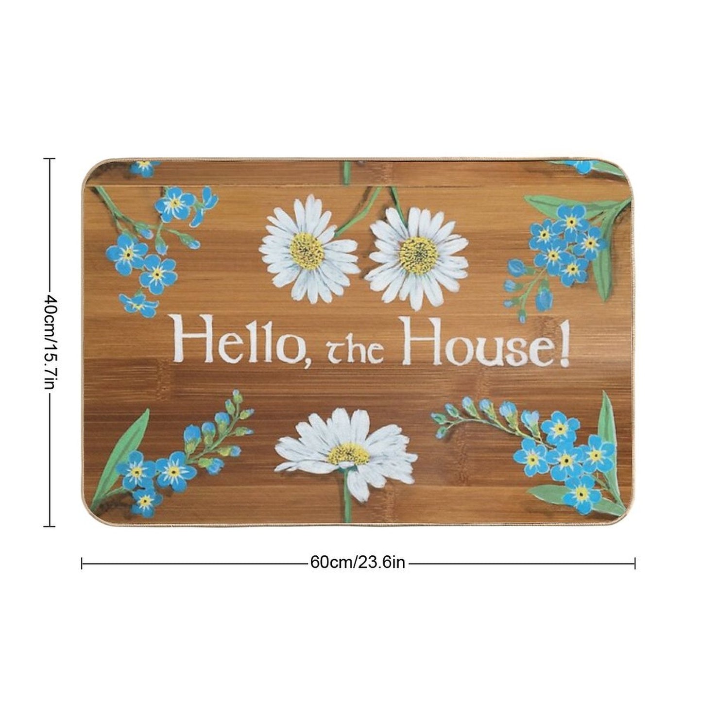 Hello The House Forget Me Nots Chamomile Daisies Strawberry Flowers on Wood Painting Art Sign Welcome Greeting by Laura Rispoli Bath Mat