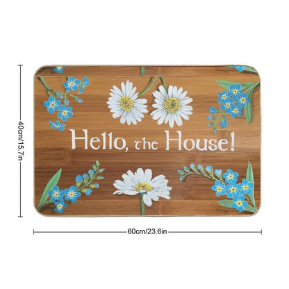 Hello The House Forget Me Nots Chamomile Daisies Strawberry Flowers on Wood Painting Art Sign Welcome Greeting by Laura Rispoli Bath Mat