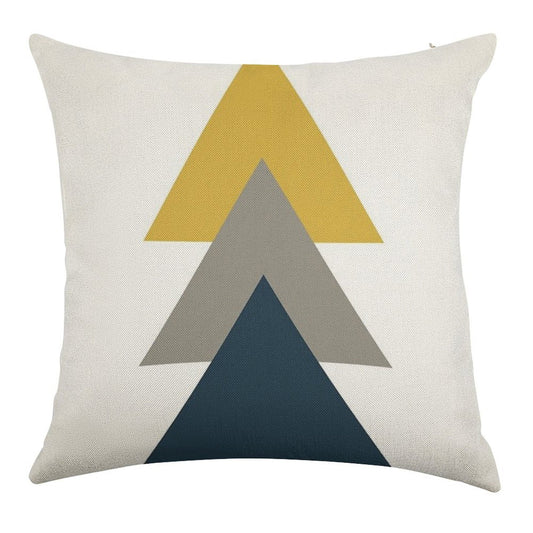Triangle Trio. Minimalist Geometric in Light Mustard Yellow, White, Grey, And Navy Blue Linen Throw Pillow Cover