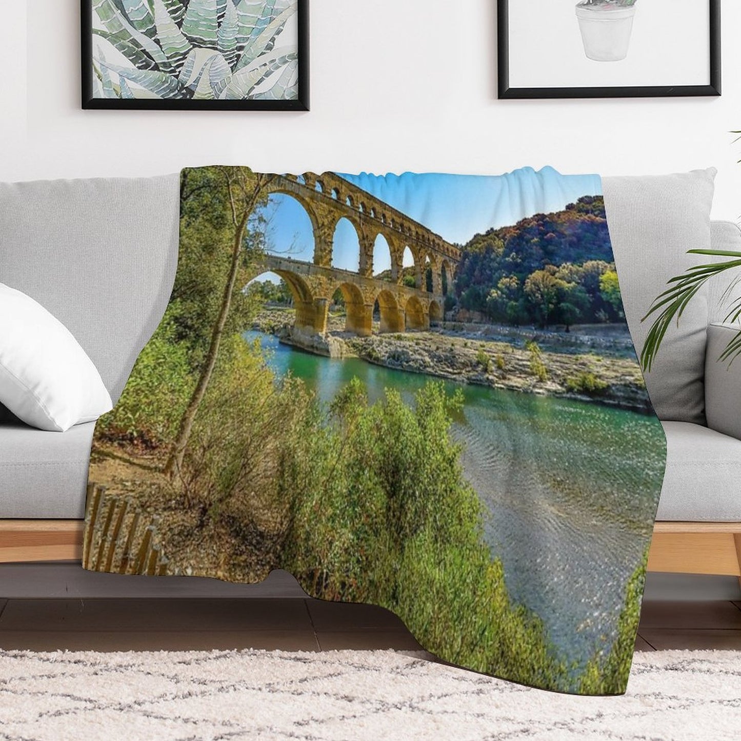 Roman Aqueduct Ruins, Pont Du Gard, Provence, France Color Photograph  Photography Throw Blanket