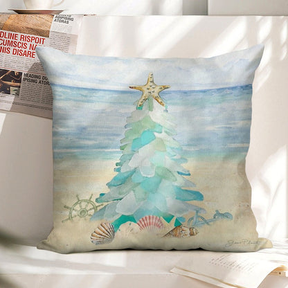 Coastal Seaglass Christmas Tree B Linen Throw Pillow Cover