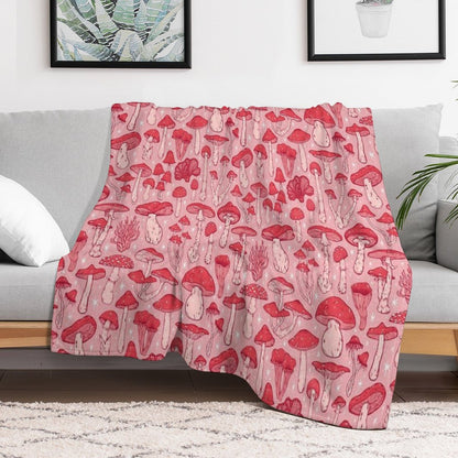 Deadly Mushrooms Red on Pink Throw Blanket