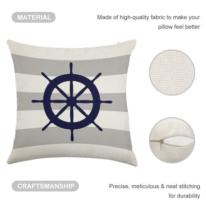Nautical Navy Blue Ship's Steering Wheel On Silver Gray Stripes Linen Throw Pillow Cover