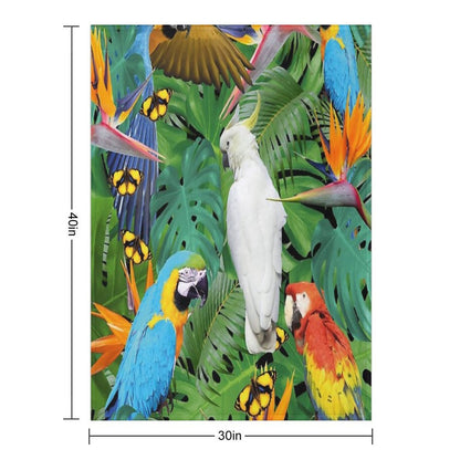 Parrots Bird Jungle Palm Monstera Leaves Throw Blanket
