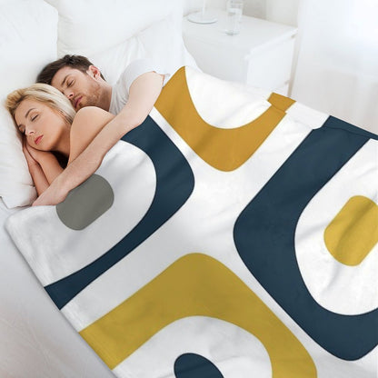 Mid Century Modern Piquet Abstract Minimalist Pattern in Navy Blue, Light And Dark Mustard, Grey, And White Throw Blanket