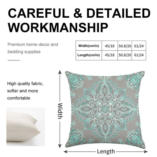 Teal And Aqua Lace Mandala on Grey Linen Throw Pillow Cover