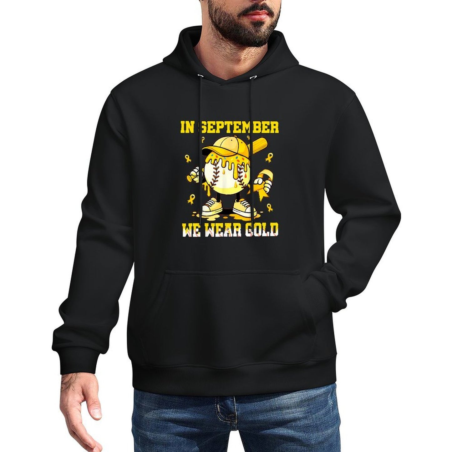 in September We Wear Gold Baseball Drip Boy Childhood Cancer Relaxed Fit Hoodie