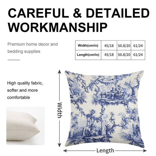 Blue Chinoiserie Toile Linen Throw Pillow Cover