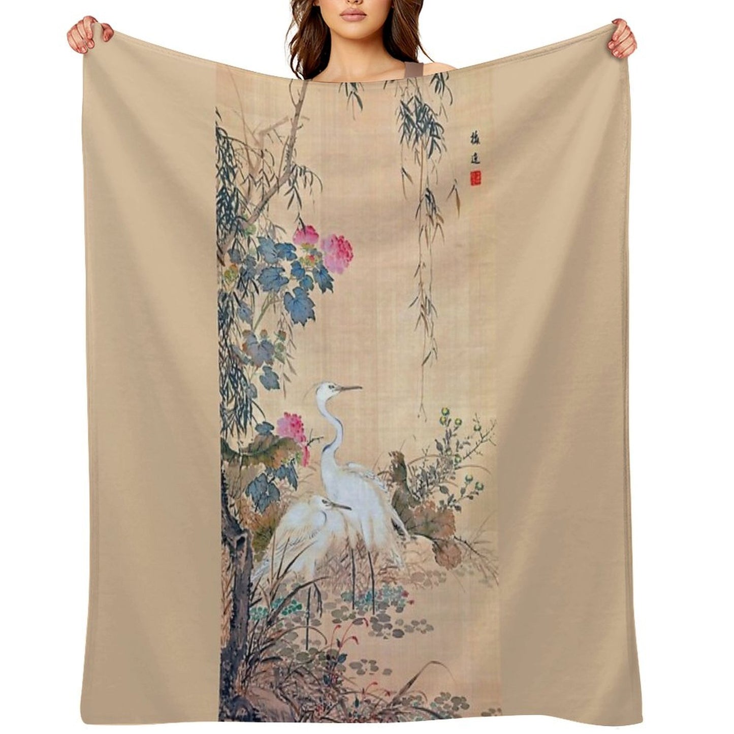 Egrets, Peonies, And Willows (Restored Japanese Artwork) Throw Blanket