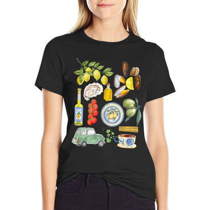 Italian Summer Scrapbook with Limoncello Seafood Coastal  Polyester Blend T-Shirt