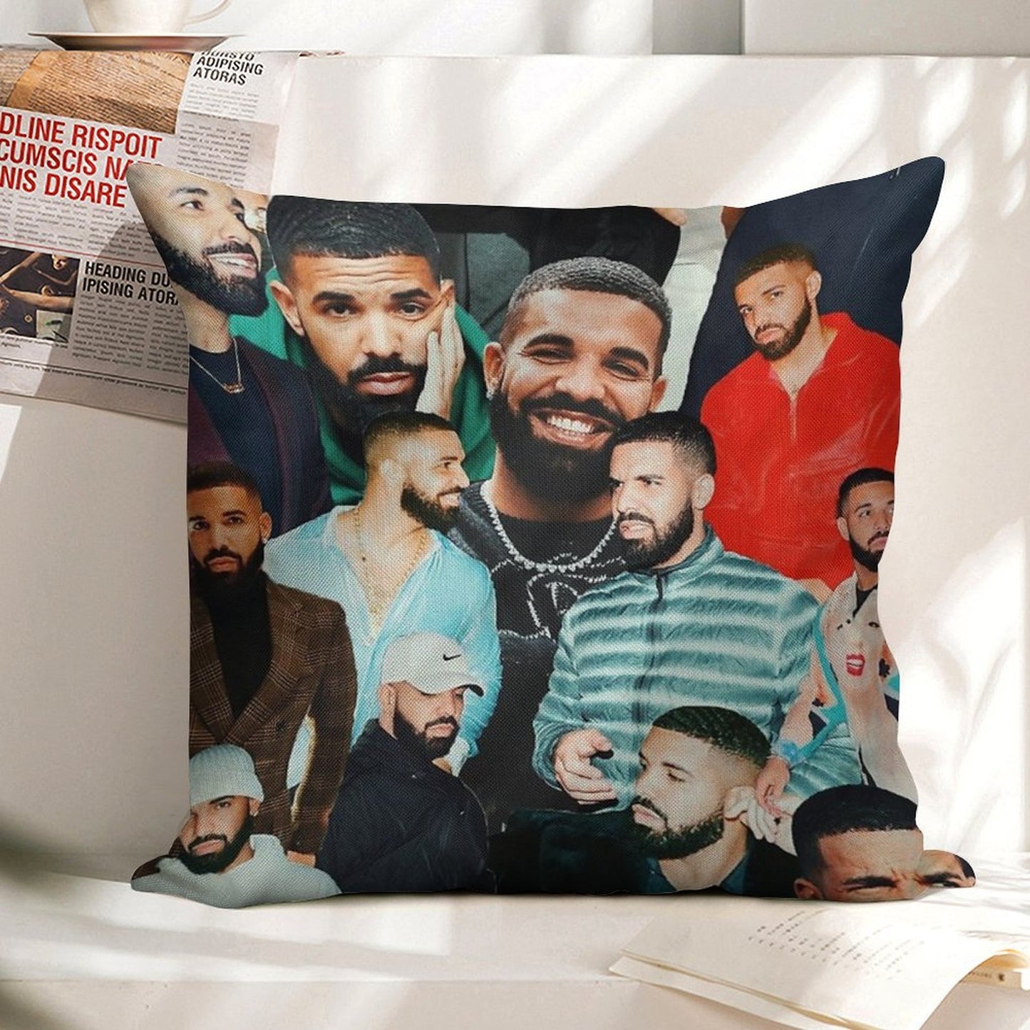 Drake Collage Linen Throw Pillow Cover