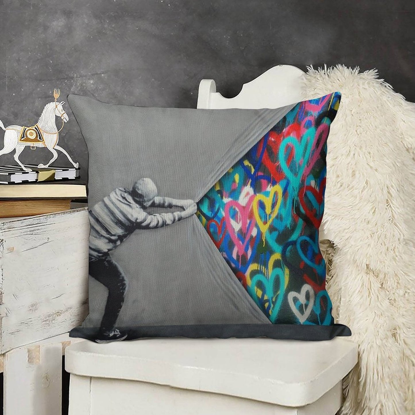 Behind The Curtain Graffiti Hearts Spray Paint Art Linen Throw Pillow Cover