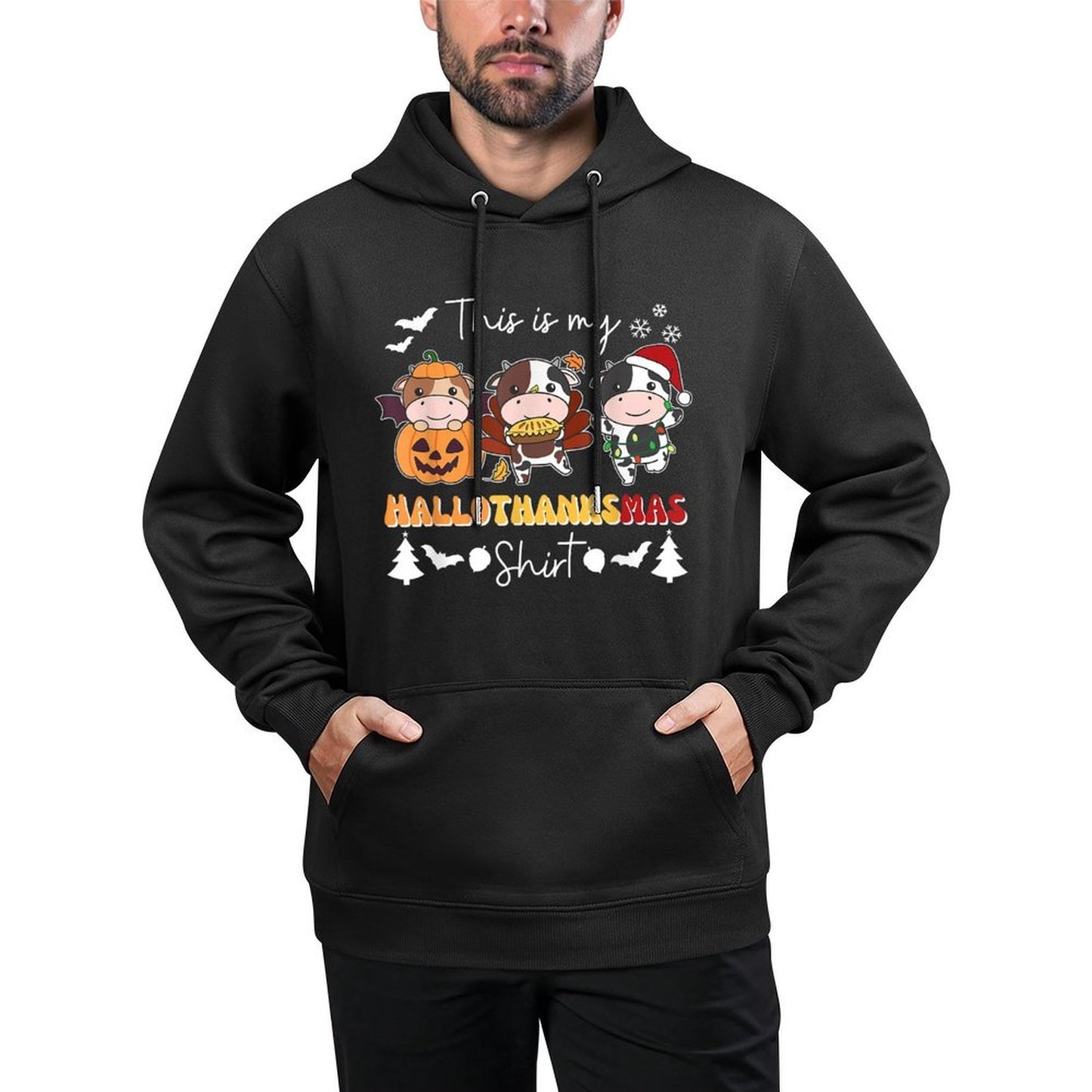 Cow Christmas Halloween This Is My Hallothanksmas Kangaroo Pocket Hoodie