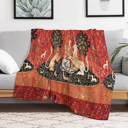 LADY AND UNICORN ,SIGHT  Red Green Fantasy Flowers,Animals Throw Blanket