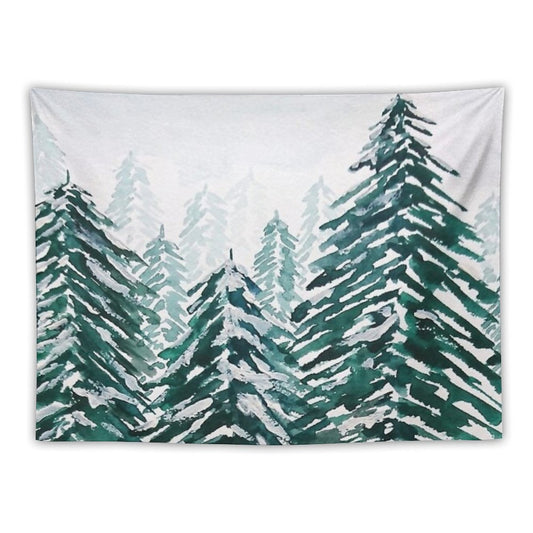 Hand Painted Snowy Pine Forest Green Tapestry