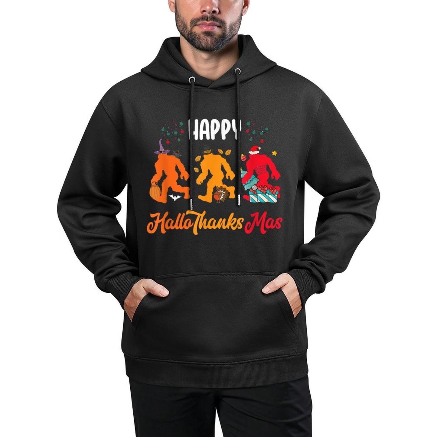 Halloween Christmas Sasquatch Bigfoot Happy Hallothanksmas Machine Washable Hoodie