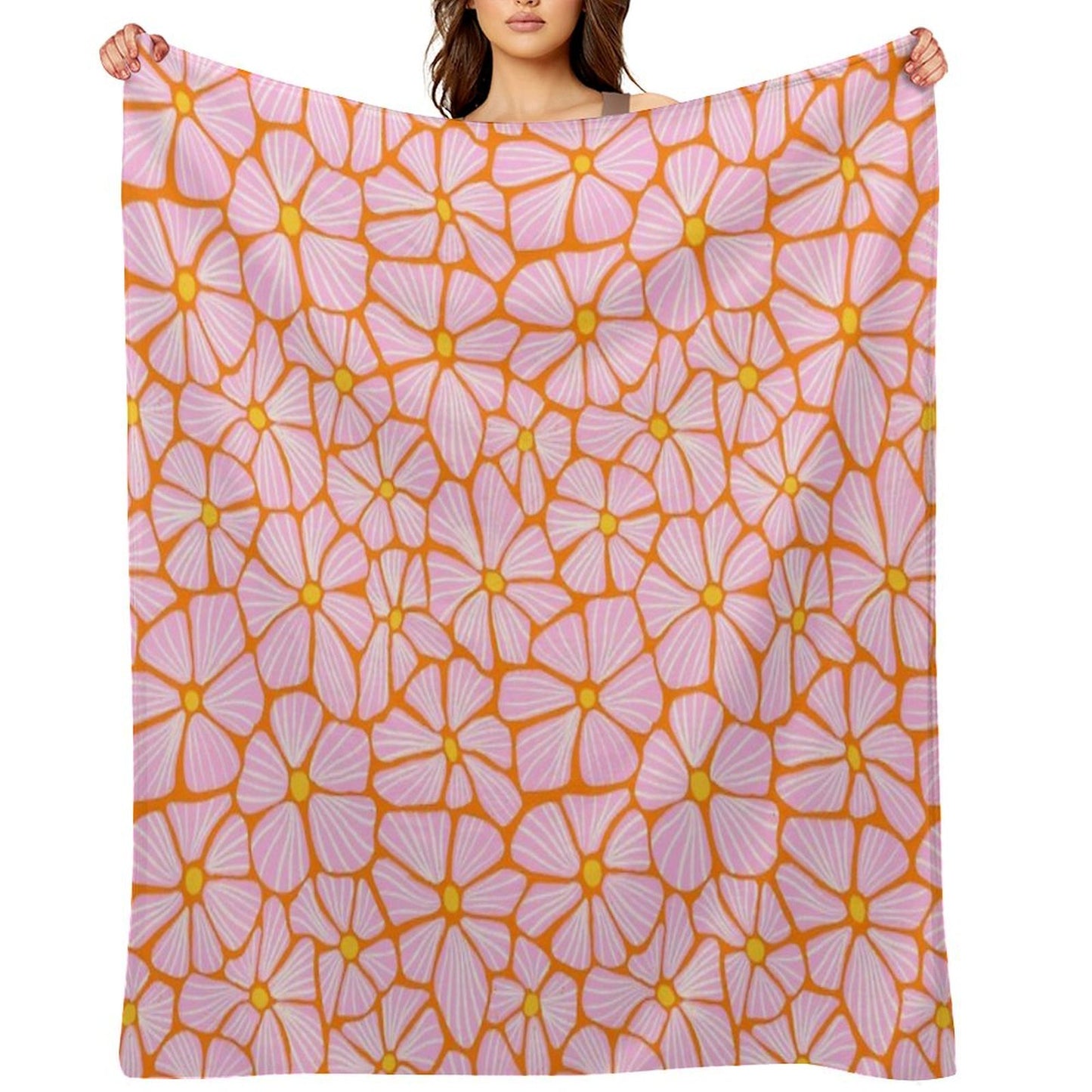 Flower Power Seventies Sixties Hippie Flowers Pattern Orange Pink Throw Blanket