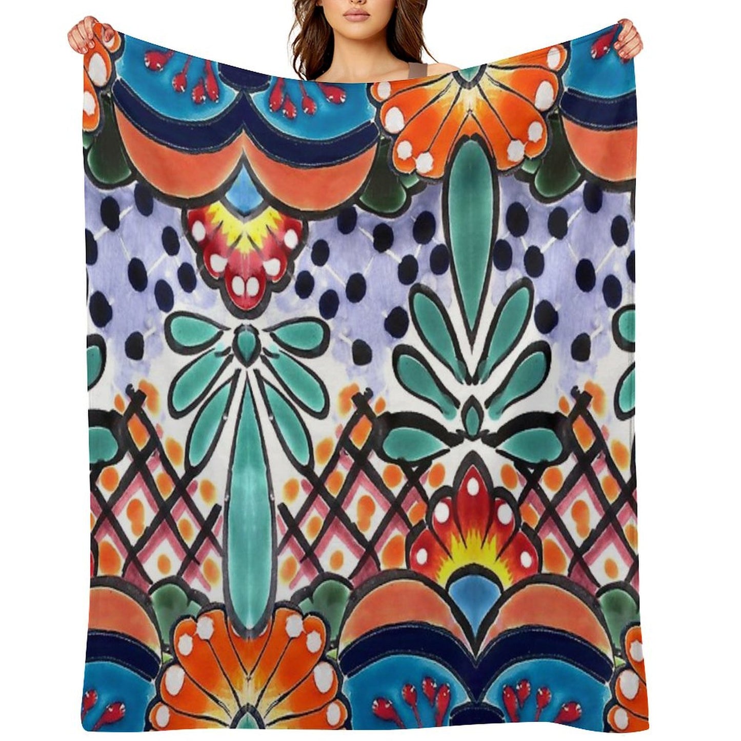 Colorful Talavera, Orange Accent, Mexican Tile Design Throw Blanket