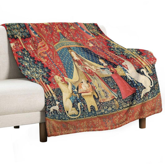 LADY AND THE UNICORN DESIRE ,Lion,Fantasy Flowers,Animals,Red Green Floral Tapestry Throw Blanket
