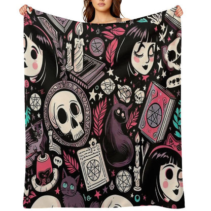 Neo-Gothic Wicca Skulls, Cats, And Ancient Spellbooks in An Intricate Pattern Throw Blanket