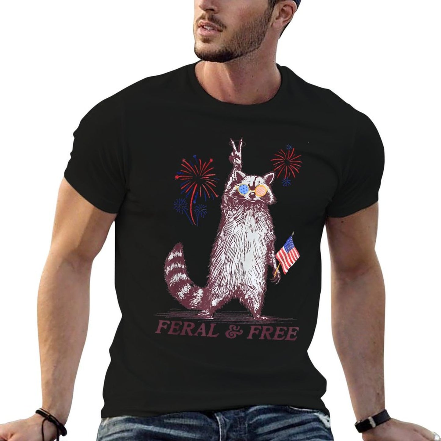 Feral & Free Funny Patriotic Racoon Feral And Free 4th July  Durable T-Shirt