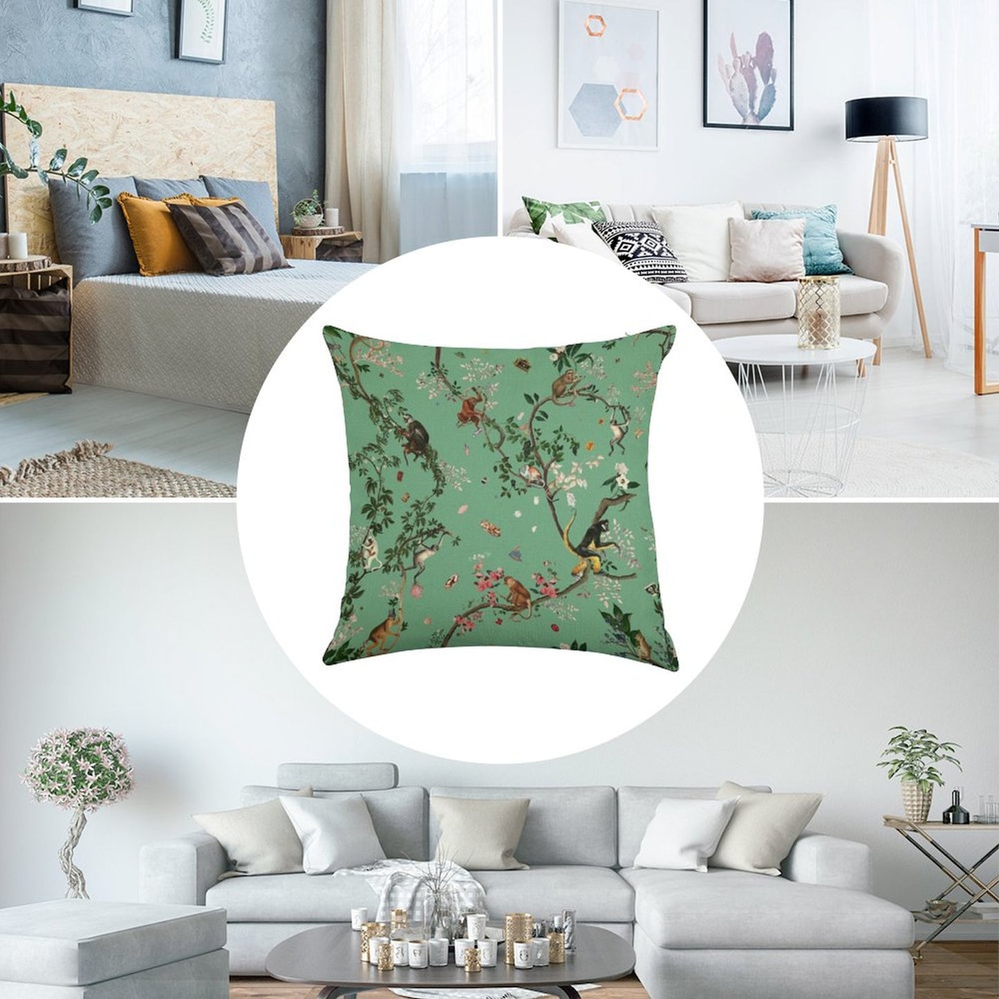 Monkey World Green Linen Throw Pillow Cover