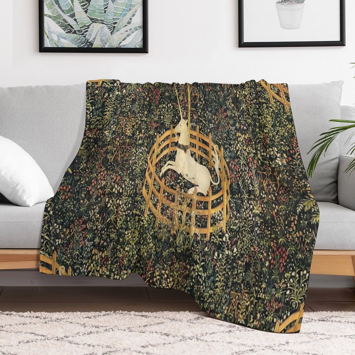 UNICORN IN CAPTIVITY AND GOTHIC FANTASY FLOWERS, GREEN FLORAL MOTIFS Throw Blanket