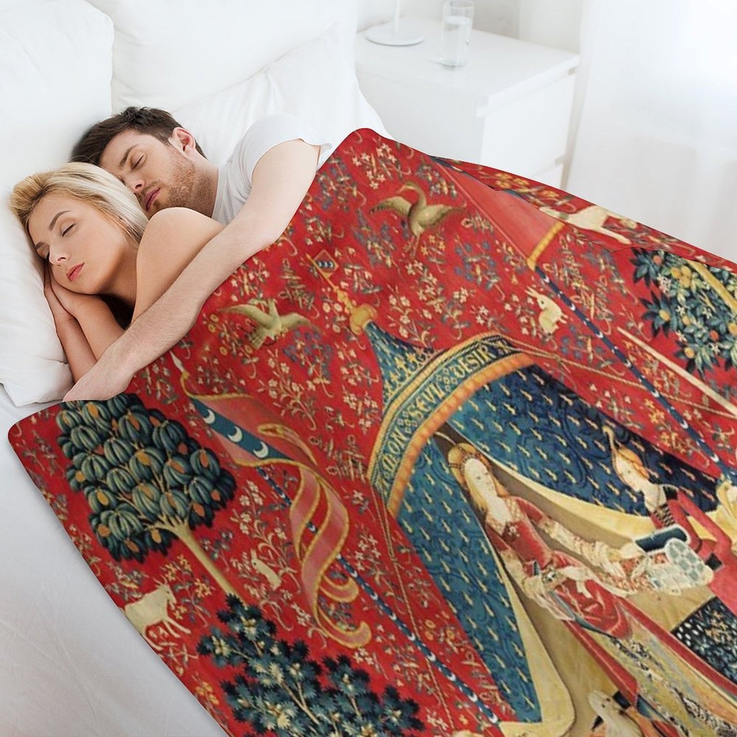 LADY AND THE UNICORN DESIRE ,Lion,Fantasy Flowers,Animals,Red Green Floral Tapestry Throw Blanket