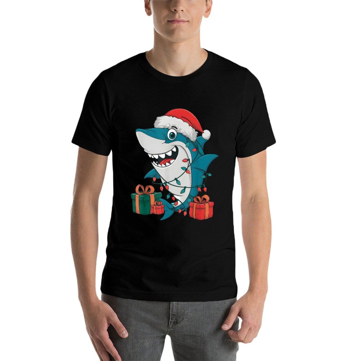 Xmas Lighting Santa Hat Shark Christmas  Fade-proof Color T-Shirt