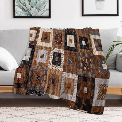 Classic Retro Brown Quilted Patchwork Quilting Pattern Mosaic Motif Throw Blanket