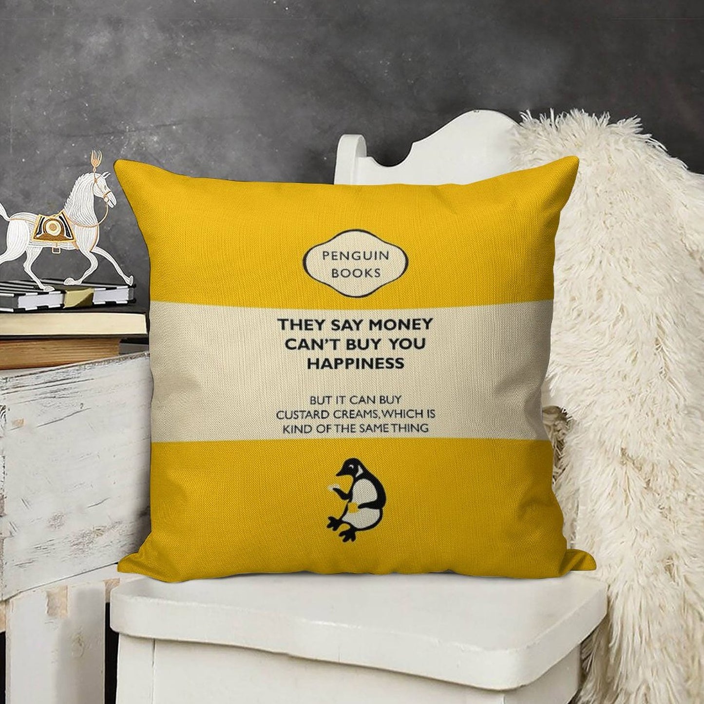Custard Creams - Parody Penguin Book Cover Linen Throw Pillow Cover