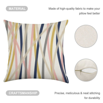 Ribbon Abstract in Mustard Yellow, Blush Pink, Navy Blue, Grey, Almond, And White. Minimalist Modern Linen Throw Pillow Cover