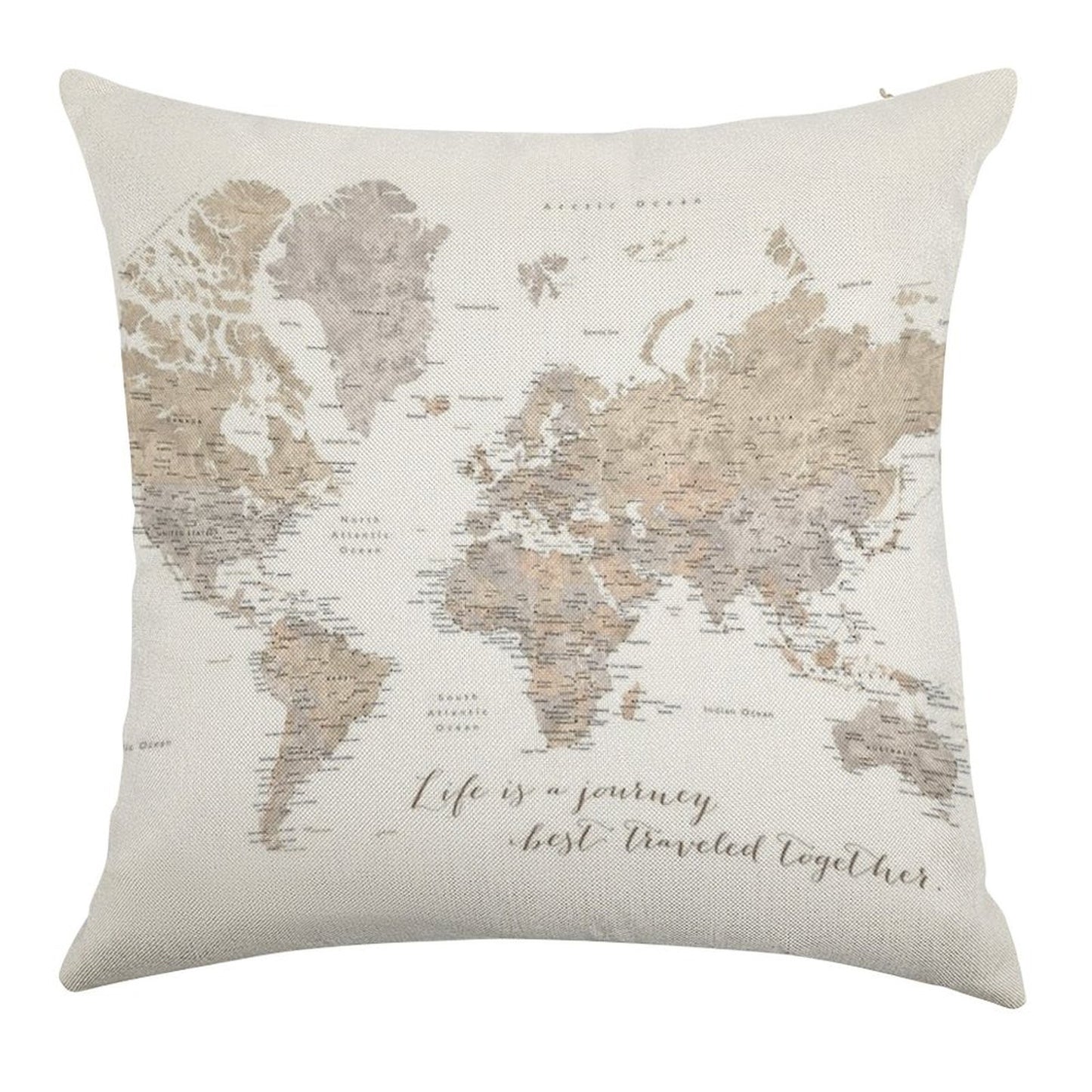Life Is A Jouney Best Travelled Together, World Map, Abey Linen Throw Pillow Cover