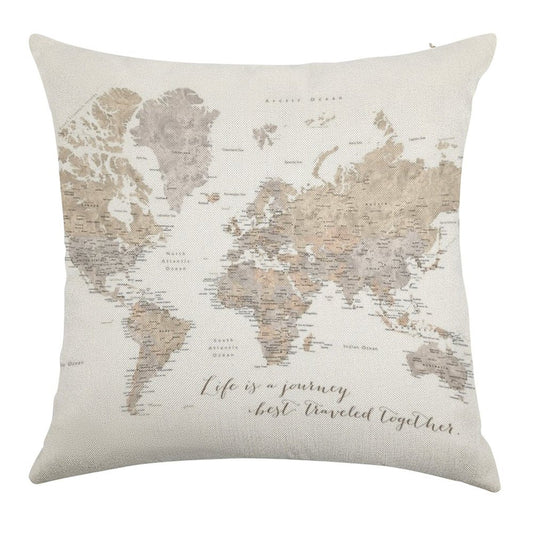 Life Is A Jouney Best Travelled Together, World Map, Abey Linen Throw Pillow Cover