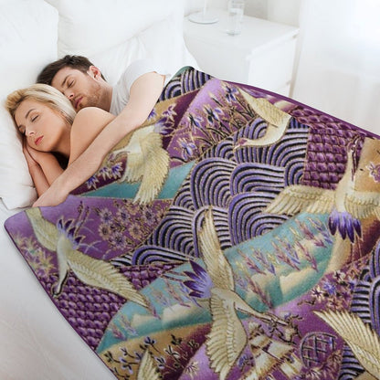 Japanese Crane Kimono Style Embroidered Pattern Throw Blanket