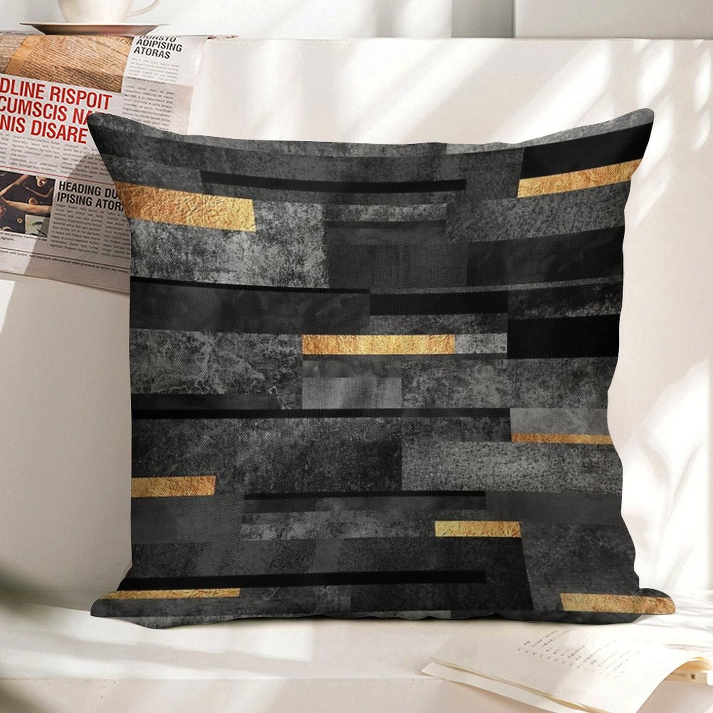 Urban Black & Gold Linen Throw Pillow Cover