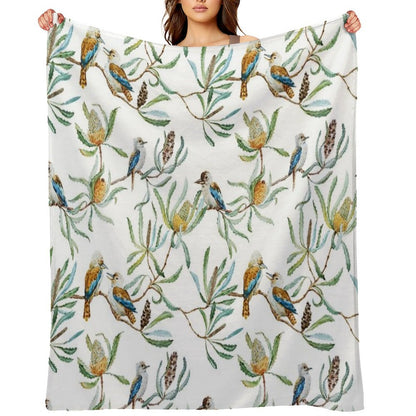 Australian Kookaburras, Waratah Flowers,  Leaves Pattern Throw Blanket