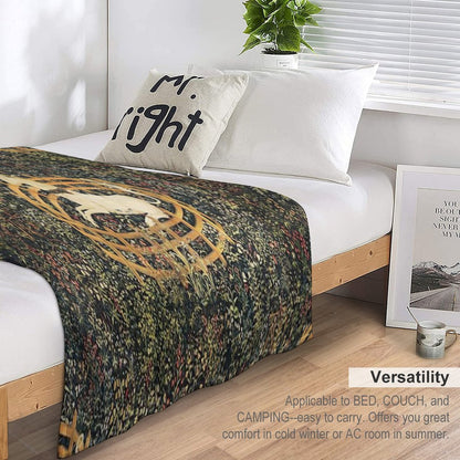 UNICORN IN CAPTIVITY AND GOTHIC FANTASY FLOWERS, GREEN FLORAL MOTIFS Throw Blanket