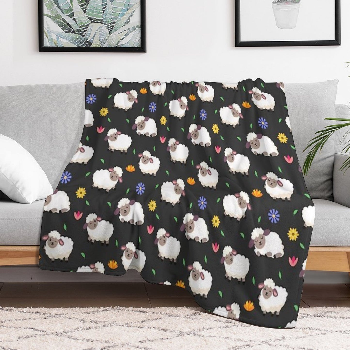 Sheeps And Flowers in Cartoon Style Throw Blanket