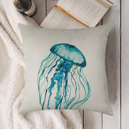 Watercolor Jellyfish Linen Throw Pillow Cover