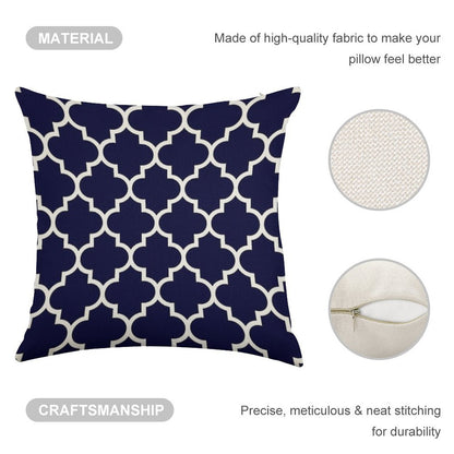 Navy Blue Quatrefoil Pattern Linen Throw Pillow Cover