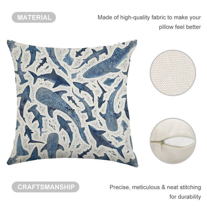 Monochrome Blue Watercolour Shark Ocean on White Linen Throw Pillow Cover