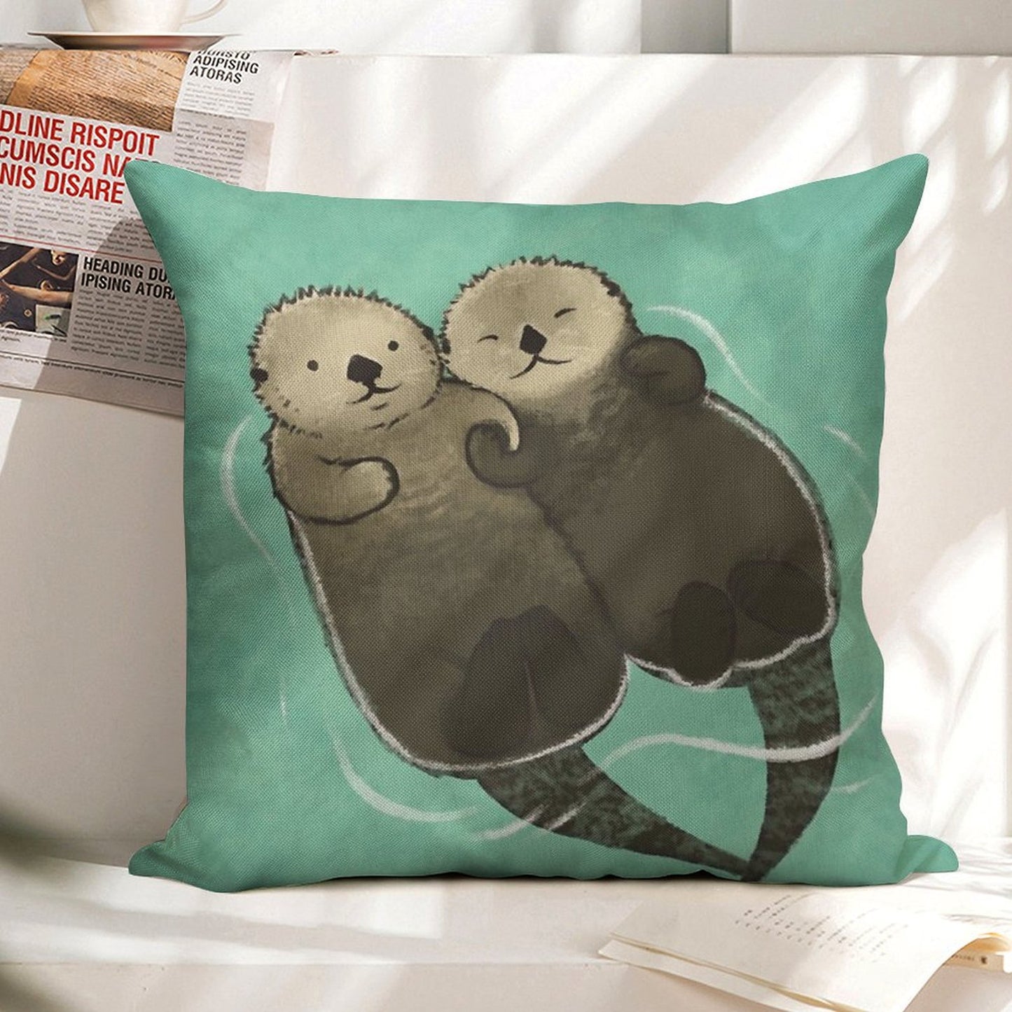 Significant Otters - Otters Holding Hands Linen Throw Pillow Cover