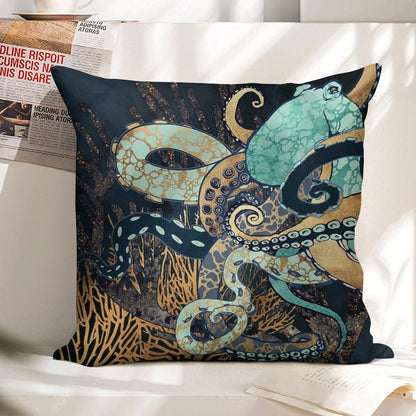 Metallic Octopus II Linen Throw Pillow Cover
