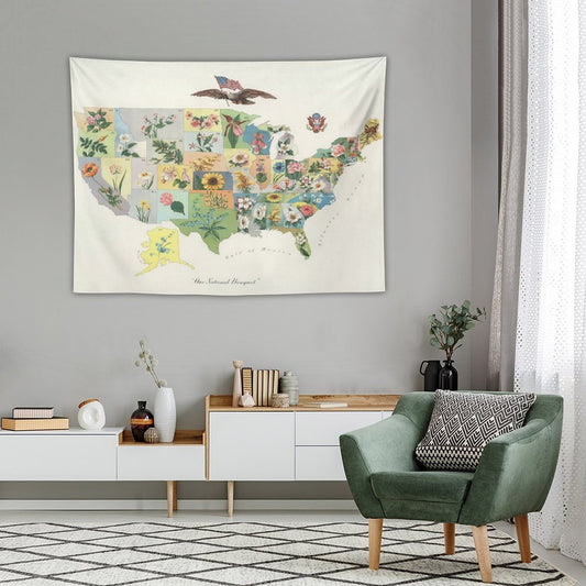 Vintage US State Flower Map Tapestry