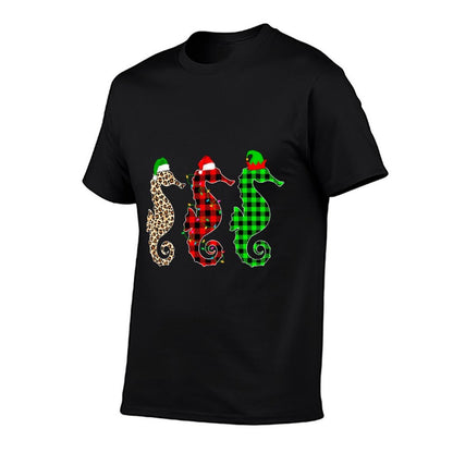 Cute Seahorse Christmas Leopard Plaid Xmas Animals Lover  Ribbed Collar T-Shirt