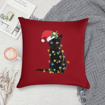 Santa Black Cat Tangled Up In Christmas Tree Lights Holiday Soft Washable Throw Pillow