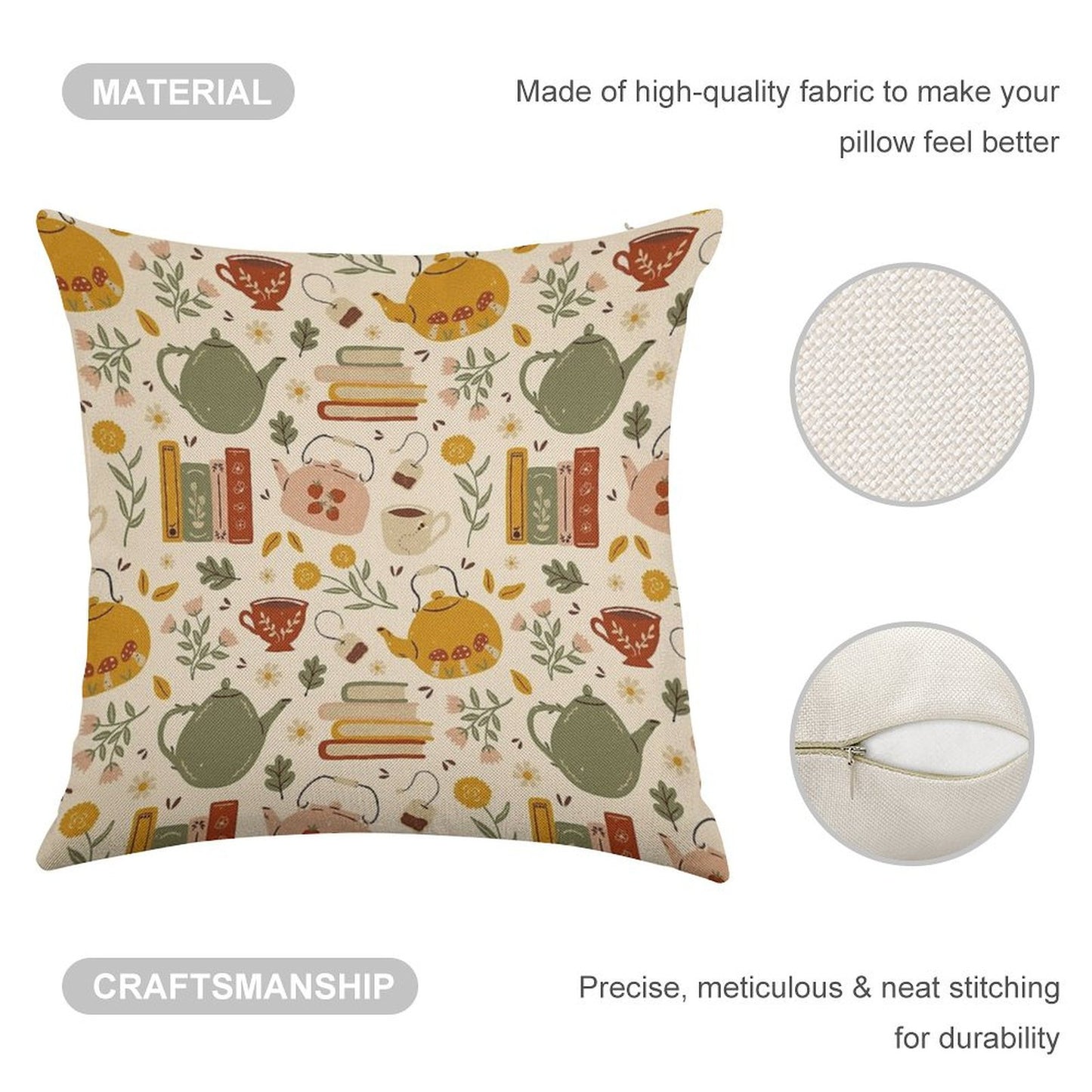 Flowery Books And Tea Linen Throw Pillow Cover