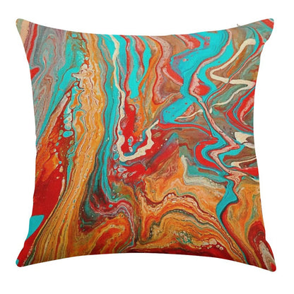 Red Orange Teal Paint Pour Linen Throw Pillow Cover