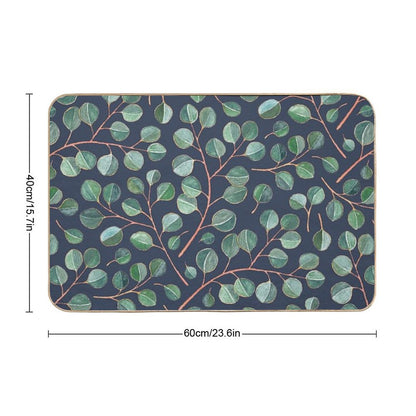 Simple Silver Dollar Eucalyptus Leaves on Navy Blue Bath Mat